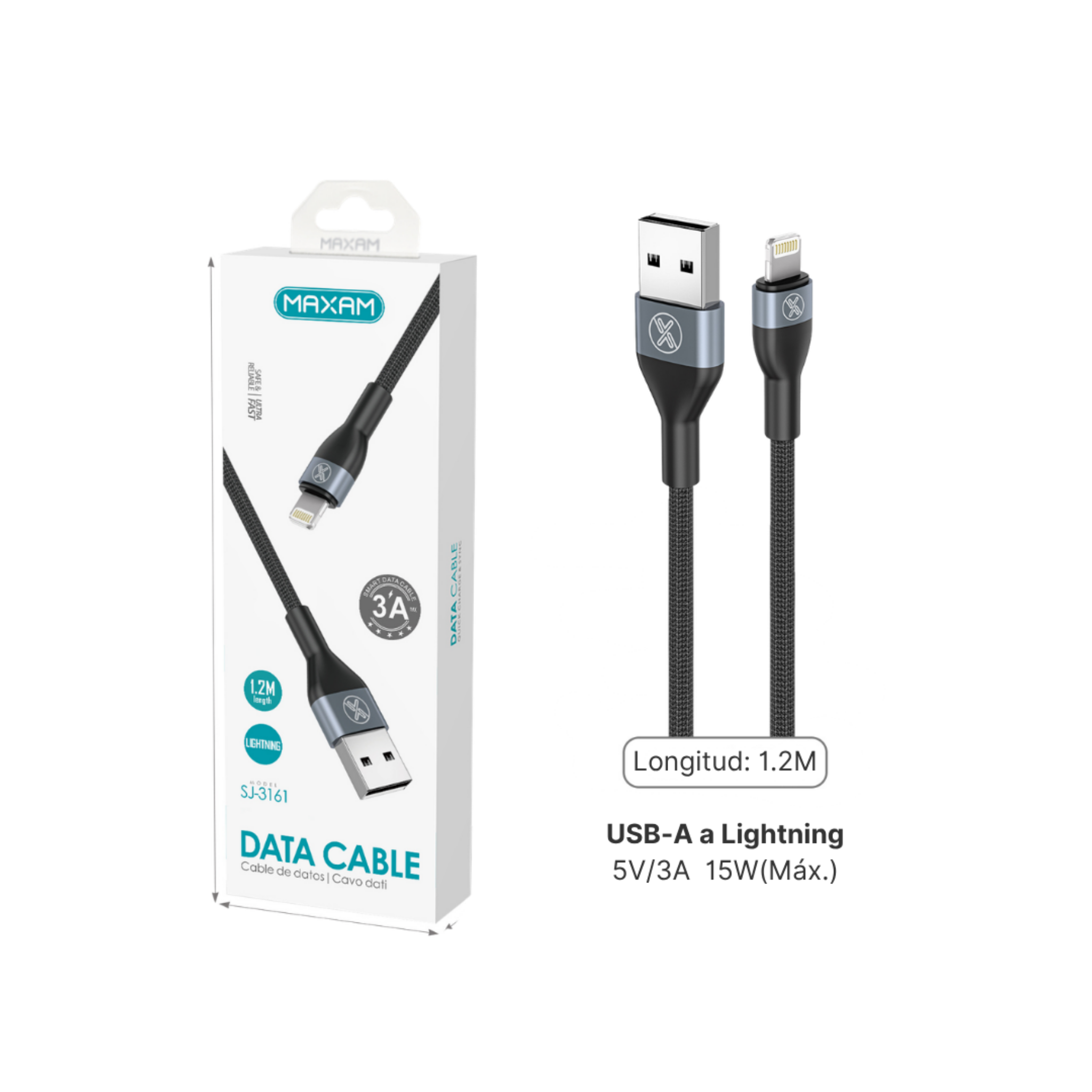SJ-3161 Cable Lightning Trenzado de Aluminio 3A – 1,2 m | Blanco y Negro