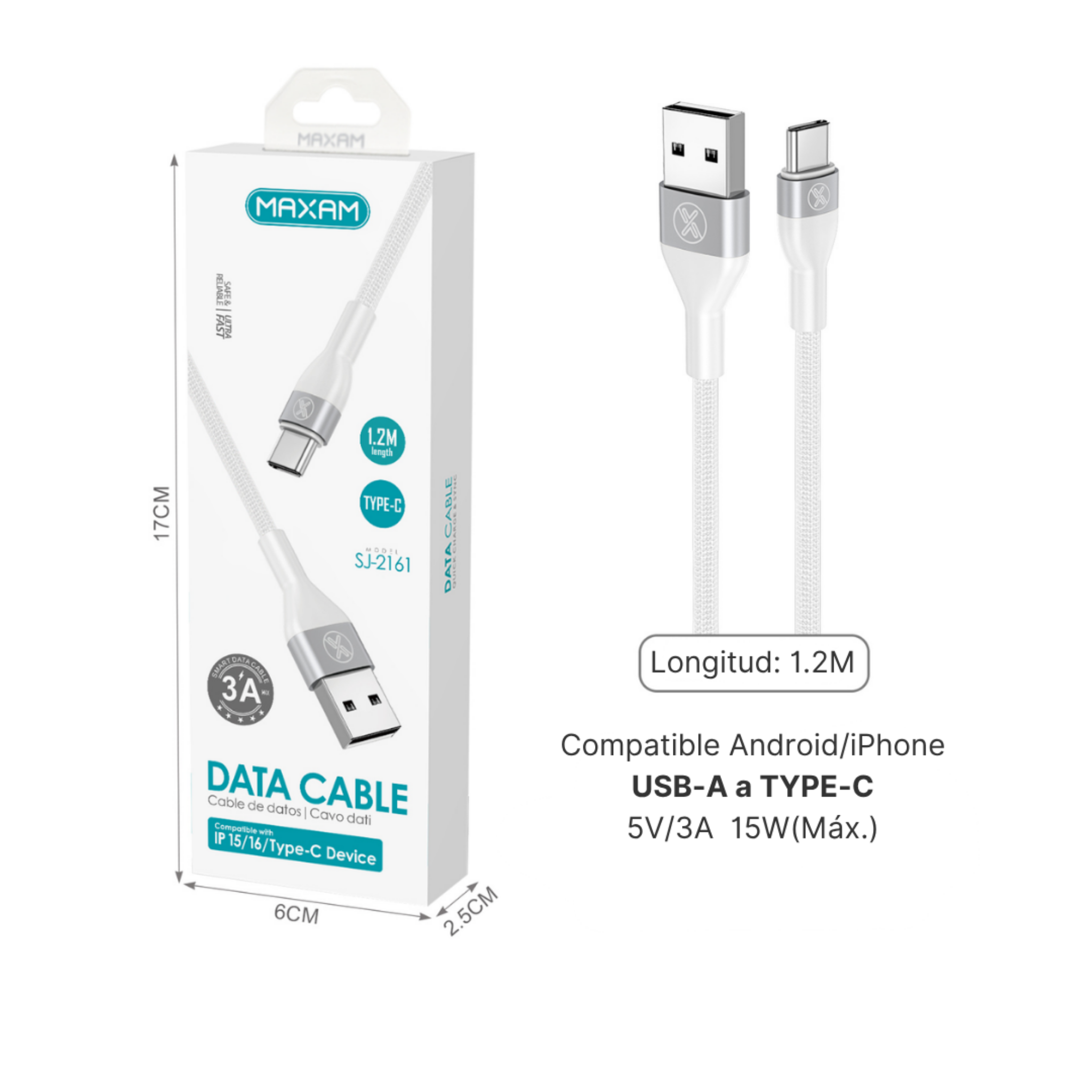 Cable USB Tipo C  3A 1,2 m — SJ-2161 MAXAM (Blanco / Negro, Compatible iPhone)