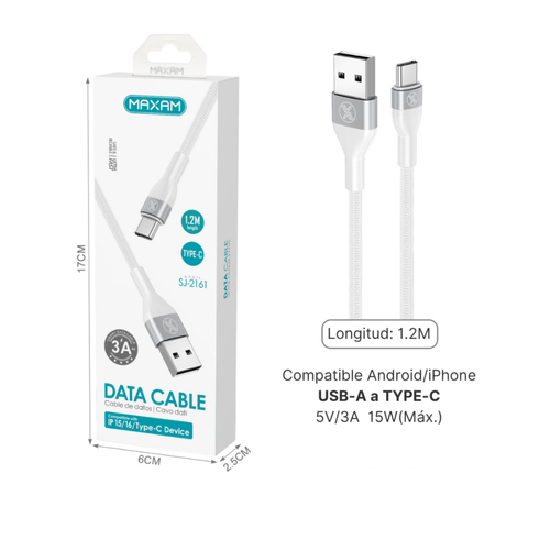 Cable USB Tipo C  3A 1,2 m — SJ-2161 MAXAM (Blanco / Negro, Compatible iPhone)