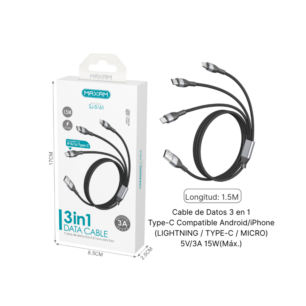 Cable 3 en 1 Trenzado Aluminio 3A 1,5 m — SJ-5161 MAXAM (Blanco / Negro)