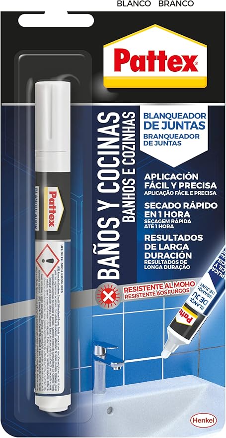 Pattex Baños Y Cocinas, rotulador blanqueador de juntas blanco, resistente al moho, aplicación fácil y precisa, 1 rotulador x 7ml