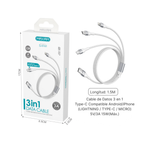Cable 3 en 1 Trenzado Aluminio 3A 1,5 m — SJ-5161 MAXAM (Blanco / Negro)