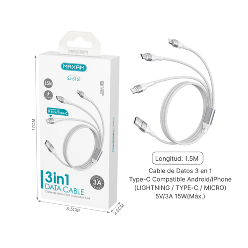 Cable 3 en 1 Trenzado Aluminio 3A 1,5 m — SJ-5161 MAXAM (Blanco / Negro)