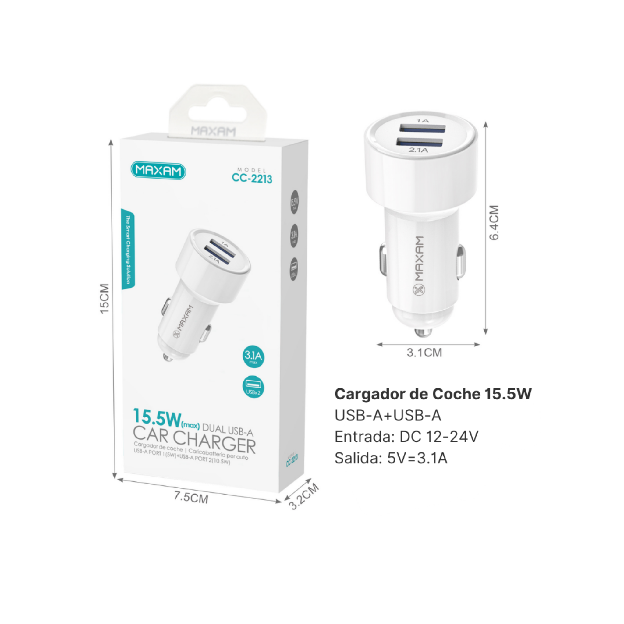 Cargador de Coche Doble USB CC-2213 | 2 Puertos USB 3.1A | Carga Rápida