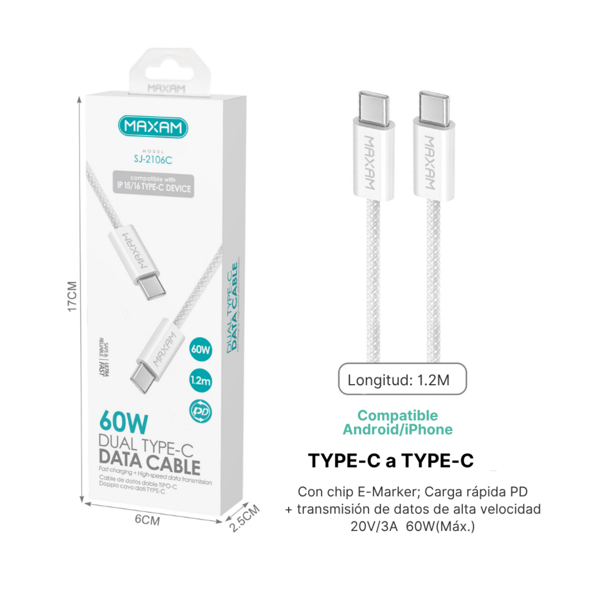 SJ-2106C Cable Trenzado USB-C a USB-C 60W con Chip E-Marker – 1,2 m, Blanco