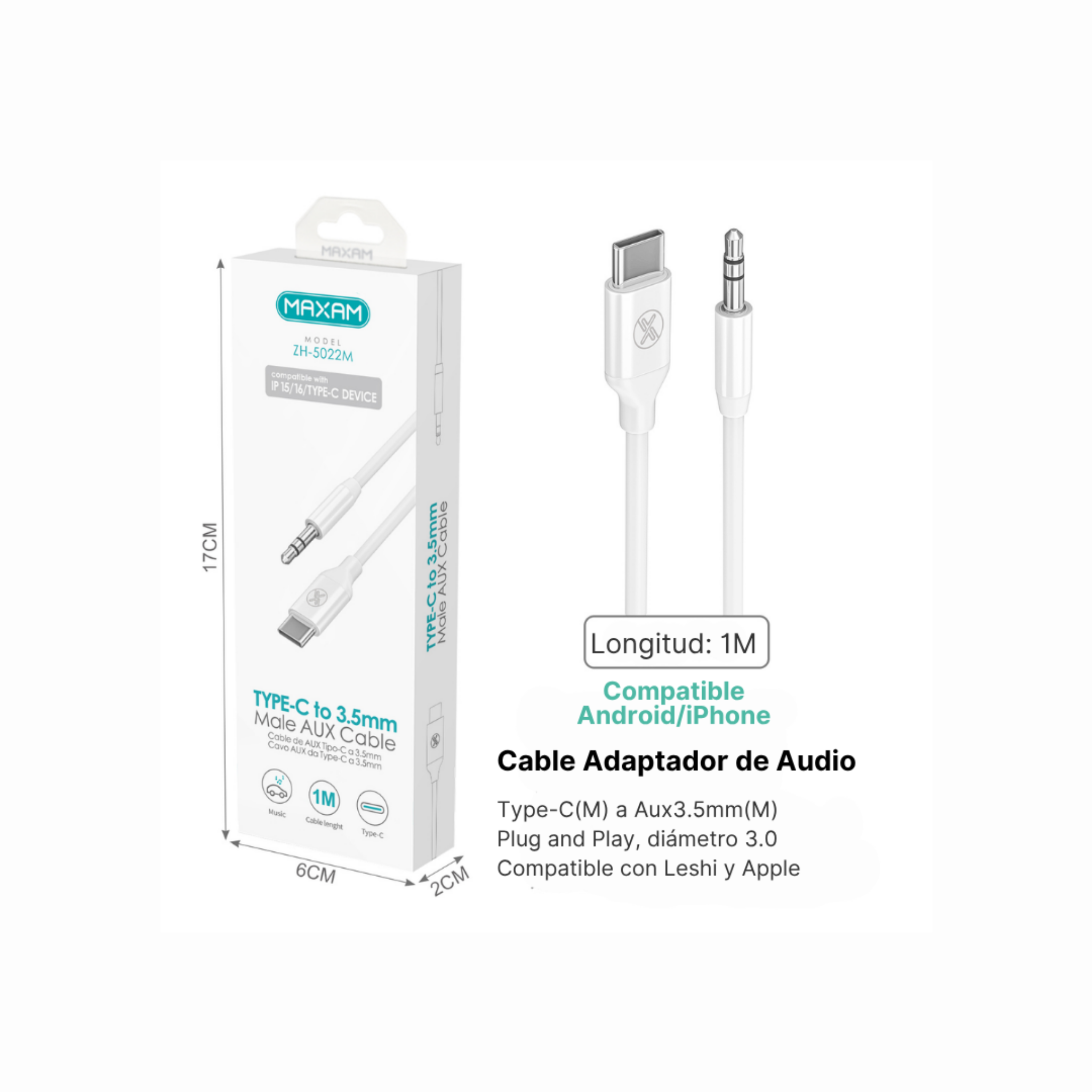 ZH-5022M Cable Adaptador USB-C a Jack 3,5 mm – 1 Metro, Blanco