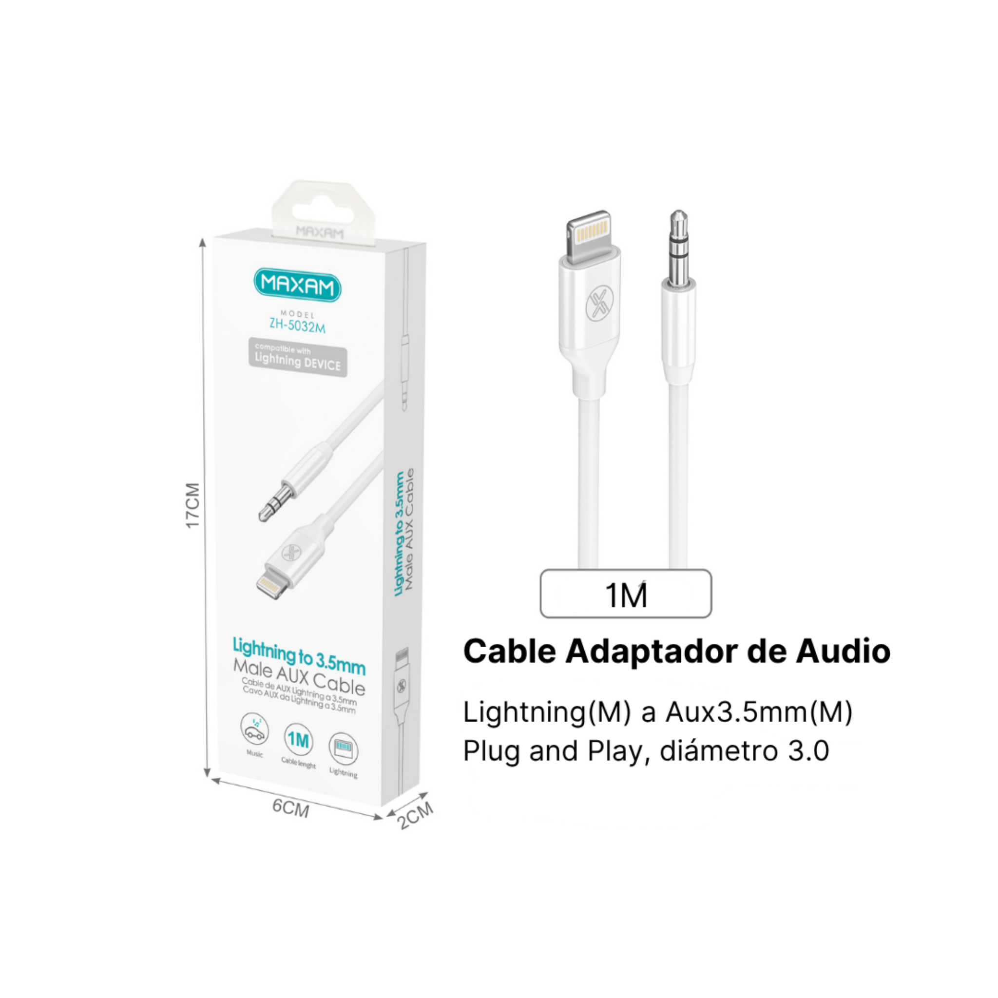 Cable Auxiliar Lightning a Jack 3,5 mm para Coche – 1 Metro