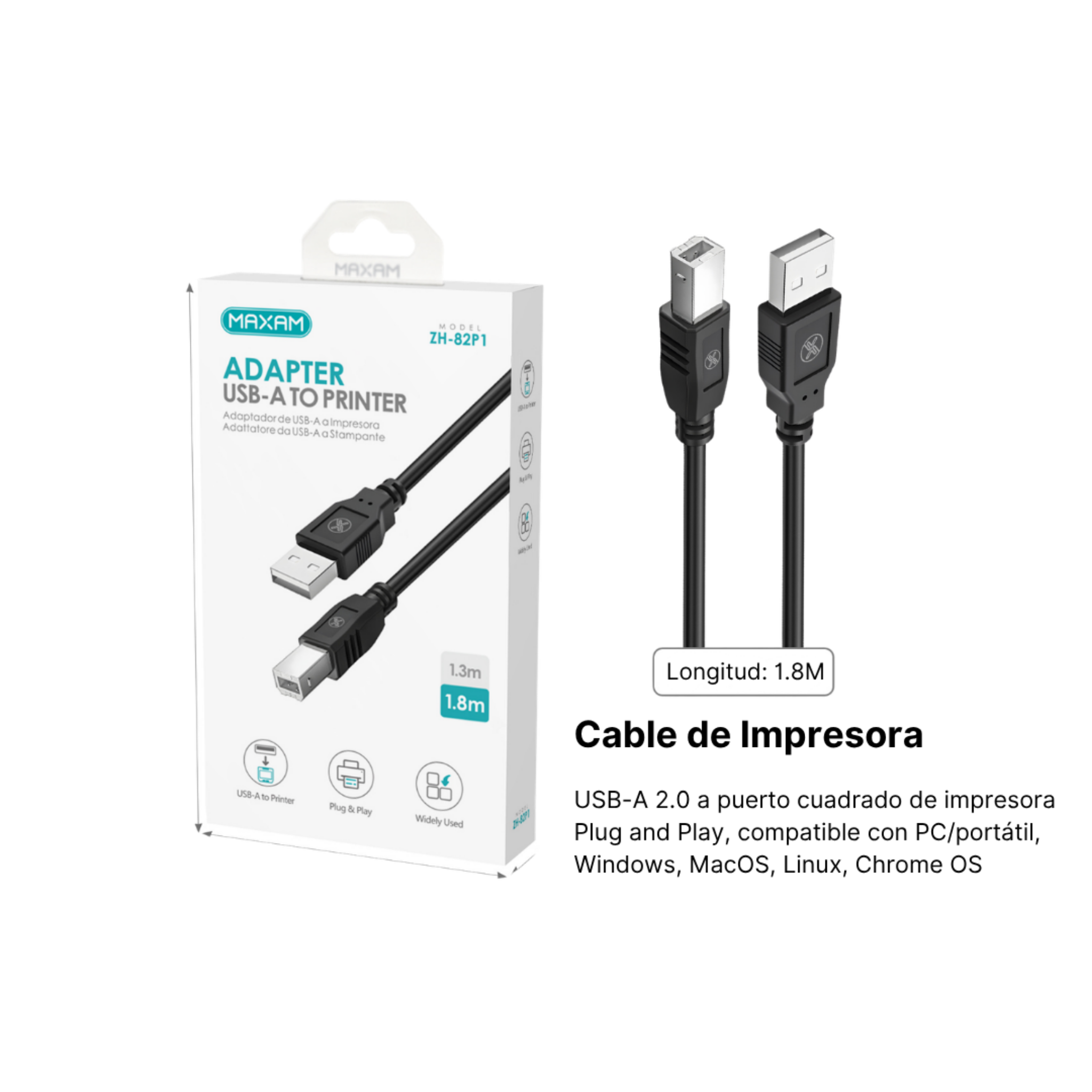 Cable USB-A a Impresora ZH-82P1 | USB-B Cuadrado | 1.8m | Negro