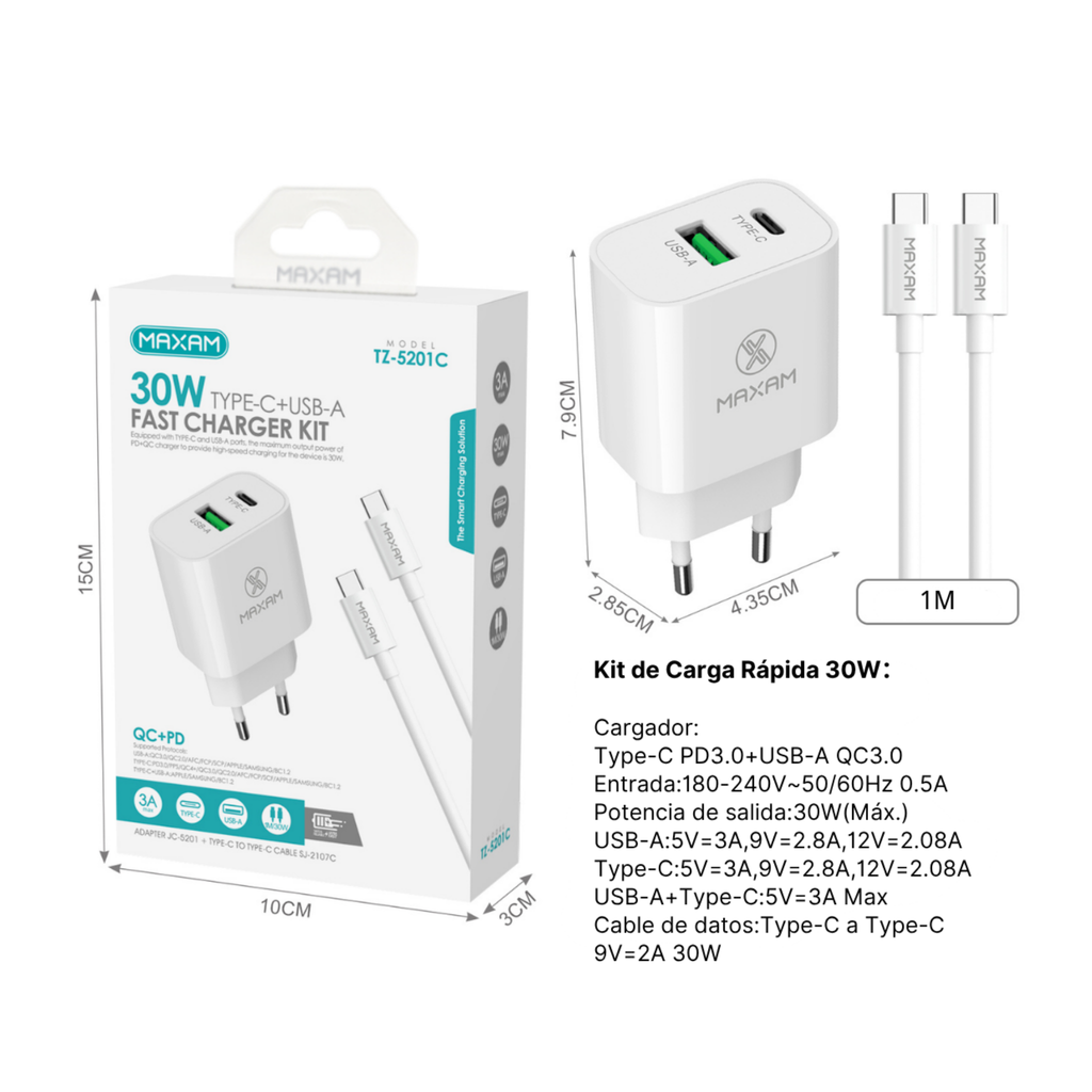 TZ-5201C Kit Cargador Rápido PD/USB 25W Doble Puerto con Cable Type-C 30W 1m – Negro y Blanco