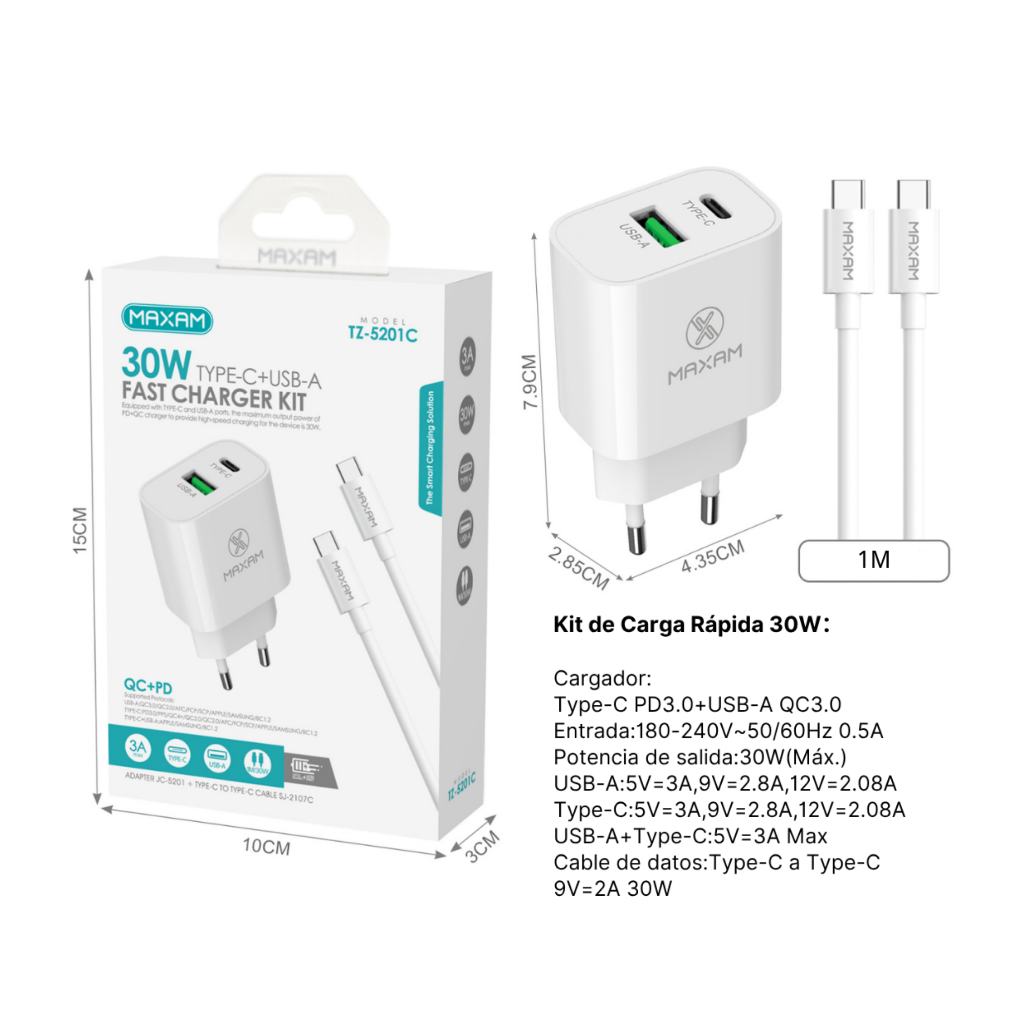Kit Cargador Rápido 30W – Doble Puerto PD/USB + Cable Type-C a Type-C 1m