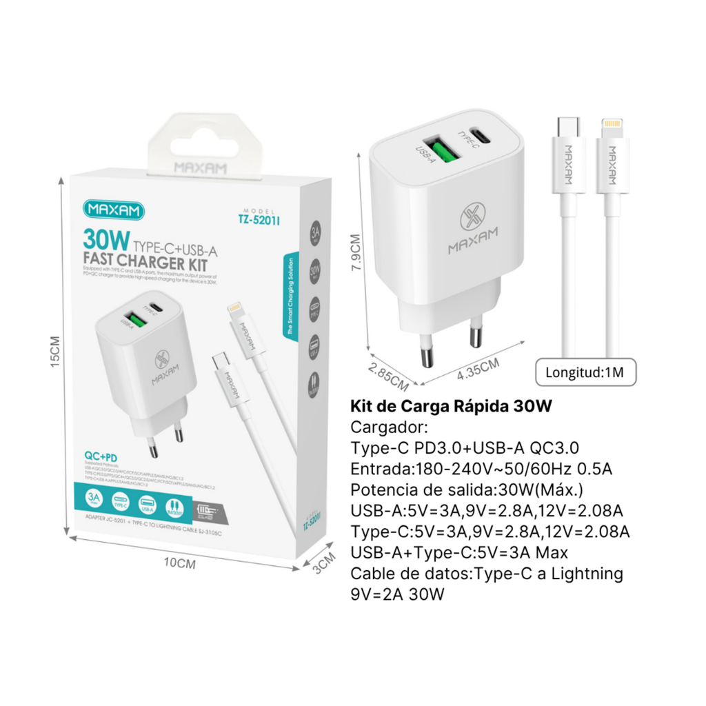 Kit Cargador Rápido 30W – Doble Puerto PD/USB + Cable Type-C a Lightning 1m