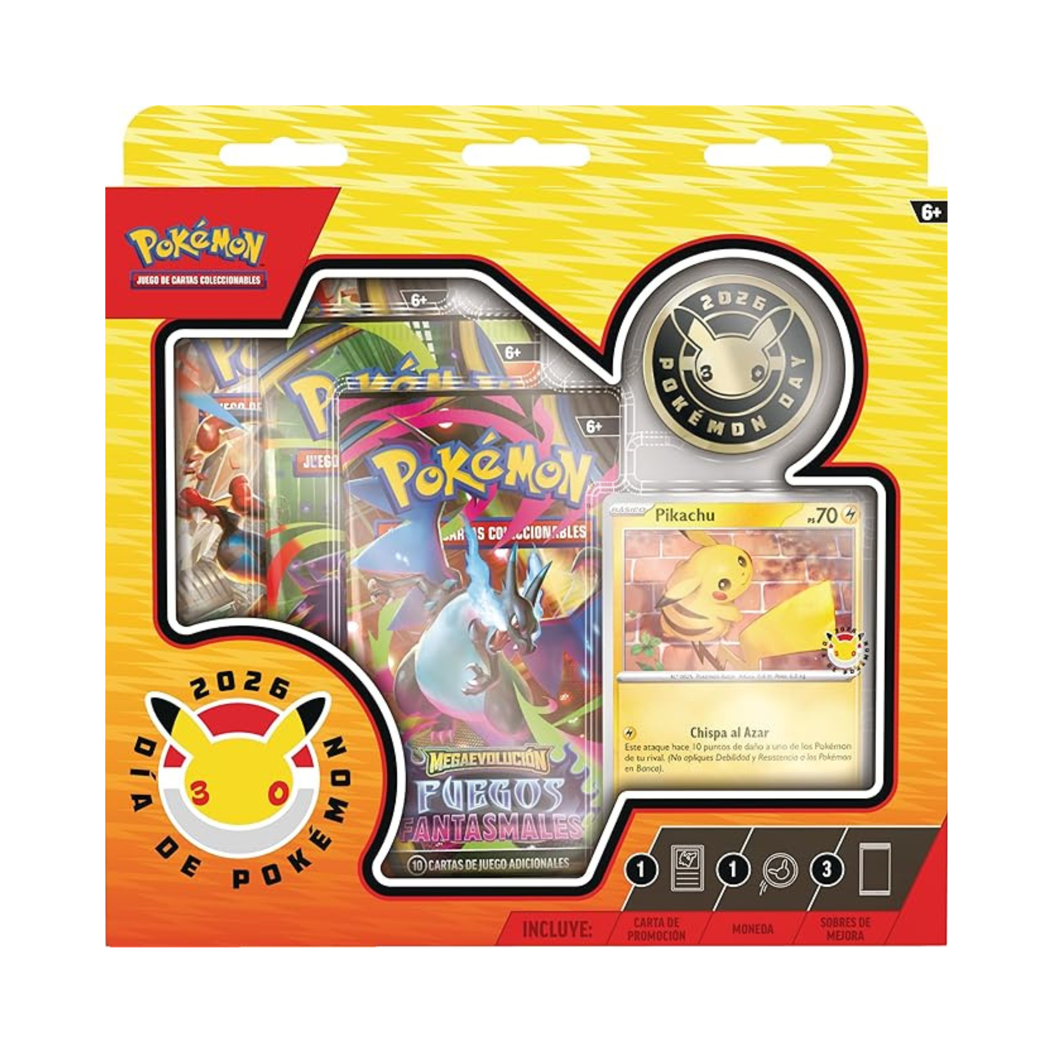 Pokémon: Colección Día de Pokémon 2026 (1 Carta holográfica de promoción, 1 Moneda y 3 Sobres de Mejora)