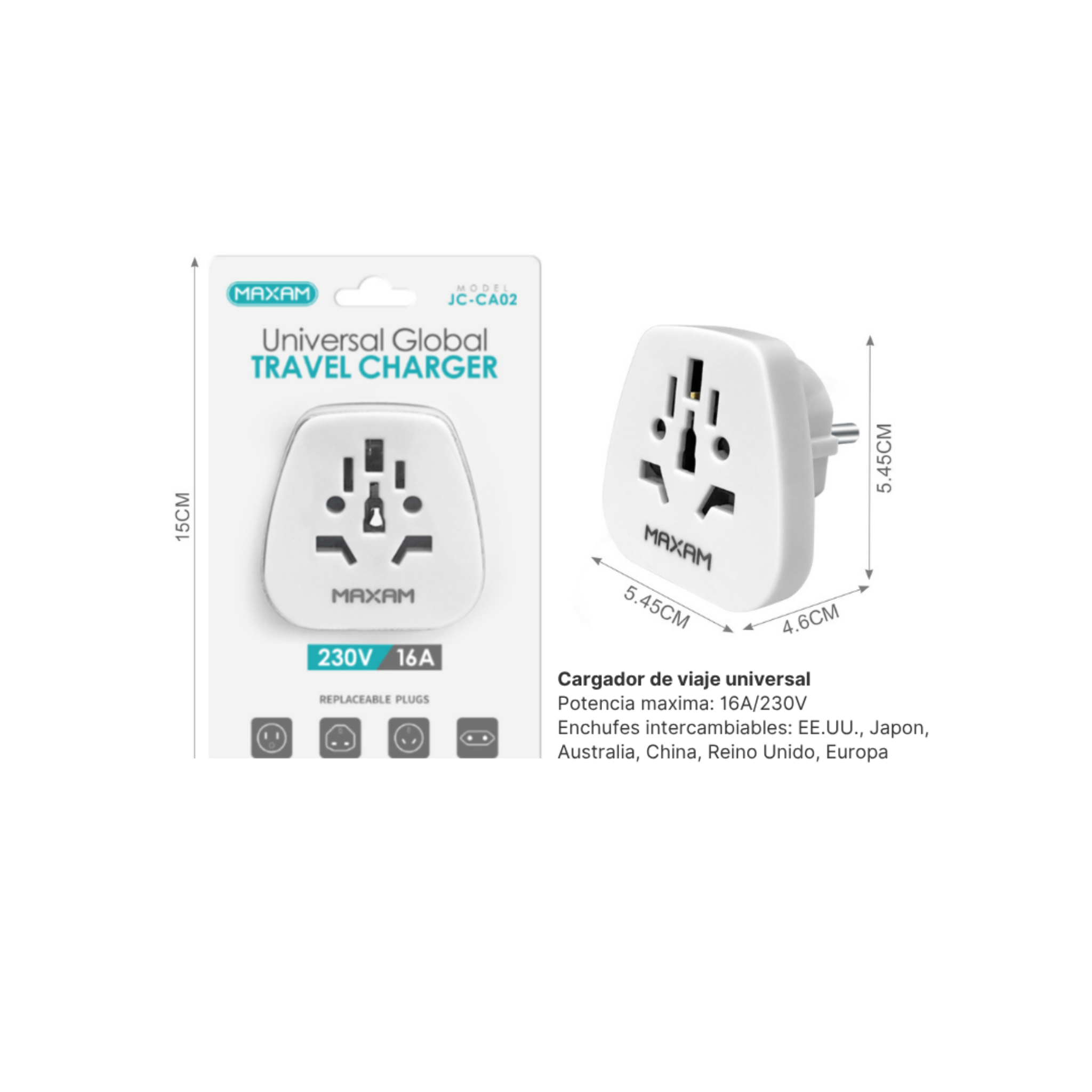 JC-CA02 Cargador de Viaje Universal Estilo Alemán – Blanco