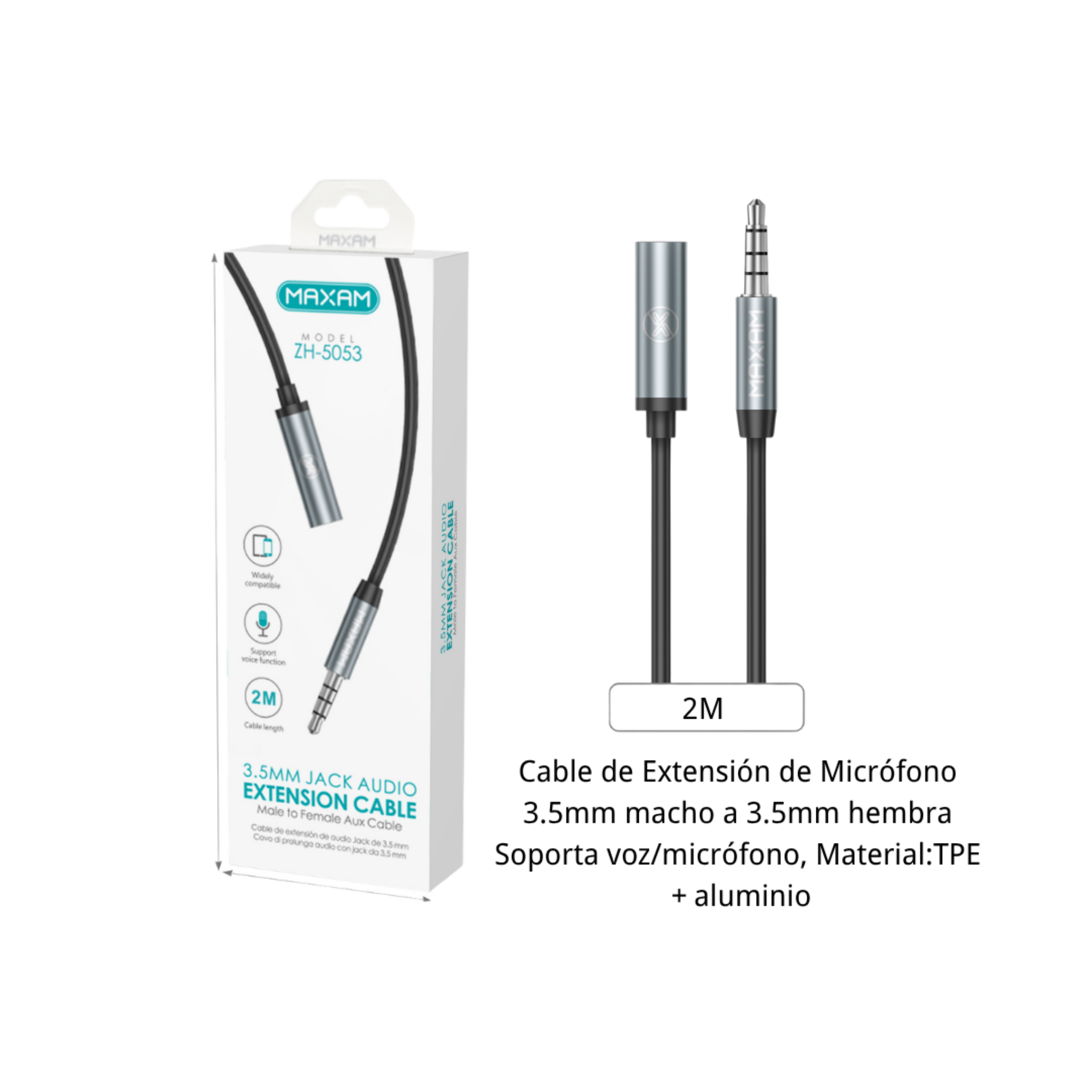 Cable Extensión Audio Jack 3.5mm ZH-5053 | 2m Macho a Hembra | Micrófono y Auriculares