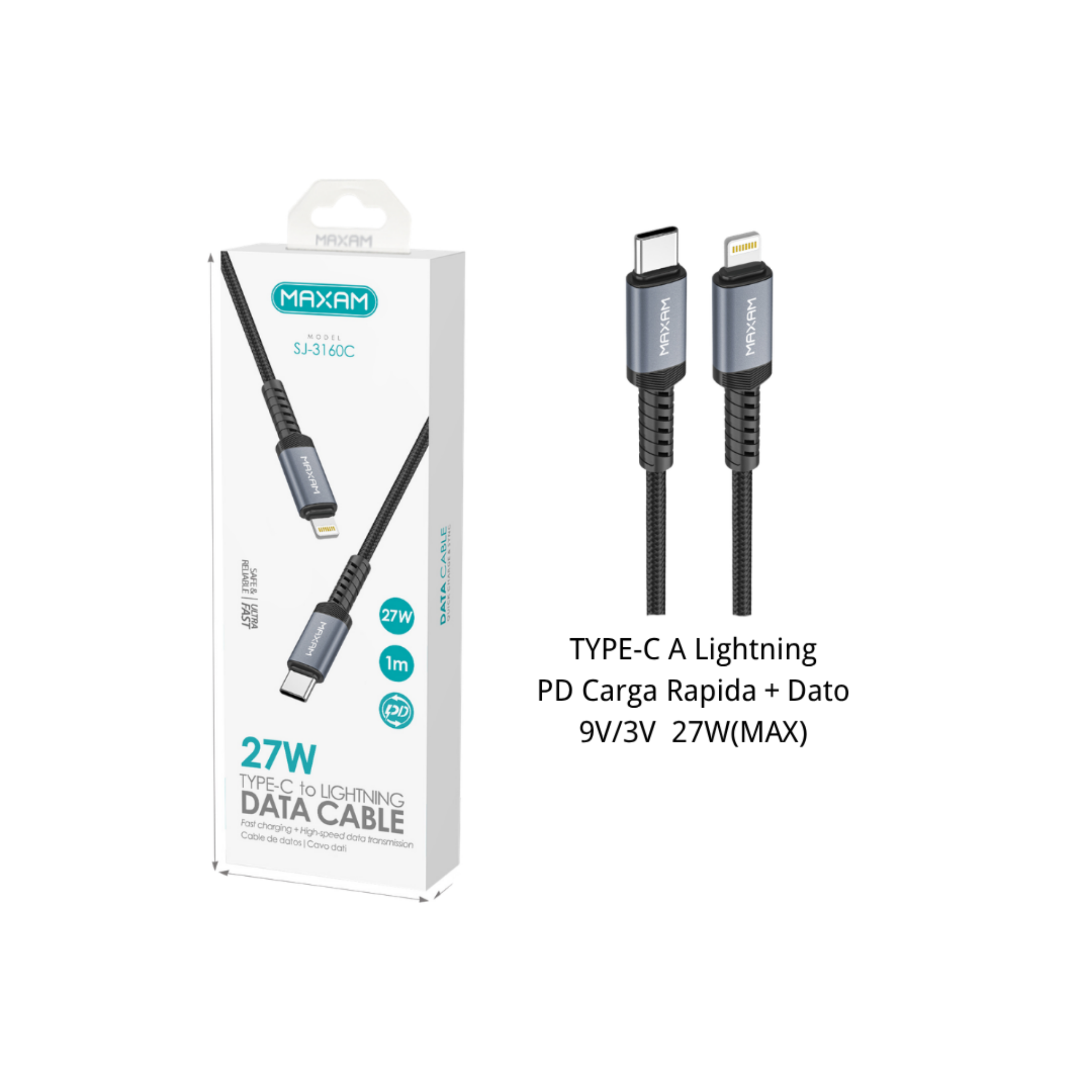 Cable Tipo C a Lightning Trenzado Aluminio Negro 27W 1m — SJ-3160C MAXAM