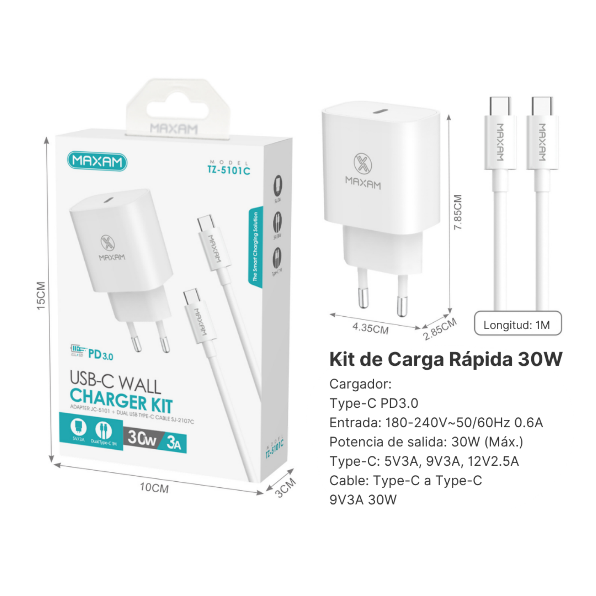 TZ-5101C Kit Cargador Rápido PD 30W con Cable Type-C 1m – Negro y Blanco