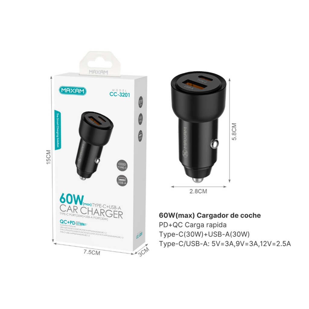 Cargador de Coche Carga Rápida CC-3201 | USB QC 30W + Type-C 30W | 60W Total