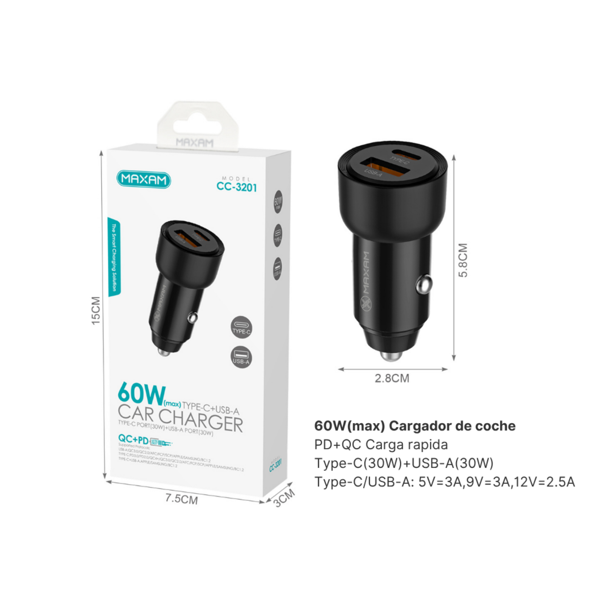Cargador de Coche Carga Rápida CC-3201 | USB QC 30W + Type-C 30W | 60W Total