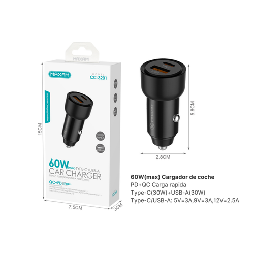 Cargador de Coche Carga Rápida CC-3201 | USB QC 30W + Type-C 30W | 60W Total