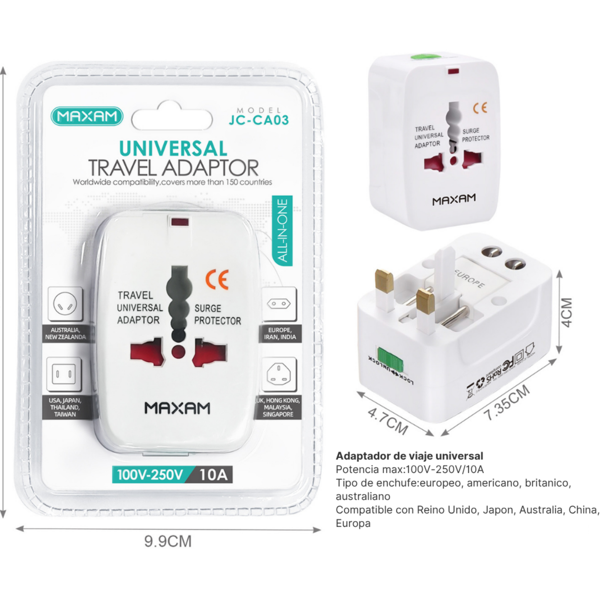 Adaptador de Viaje Universal JC-CA03 | Enchufe Multifunción Euro, US, UK, AU