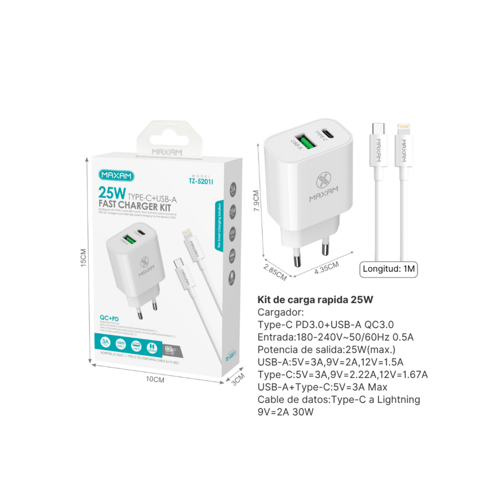 TZ-5201I Pack Cargador Rápido 25W PD/USB Doble Puerto con Cable Type-C a Lightning 1m 30W