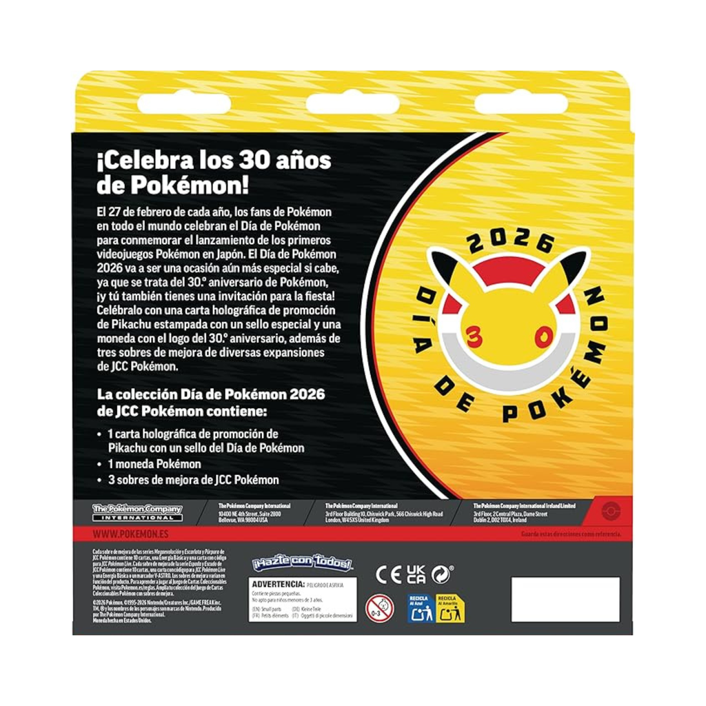 Pokémon: Colección Día de Pokémon 2026 (1 Carta holográfica de promoción, 1 Moneda y 3 Sobres de Mejora)