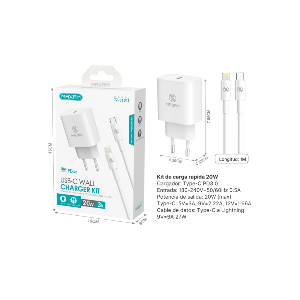 TZ-5101I Kit Cargador Rápido PD 20W con Cable Lightning 27W 1m