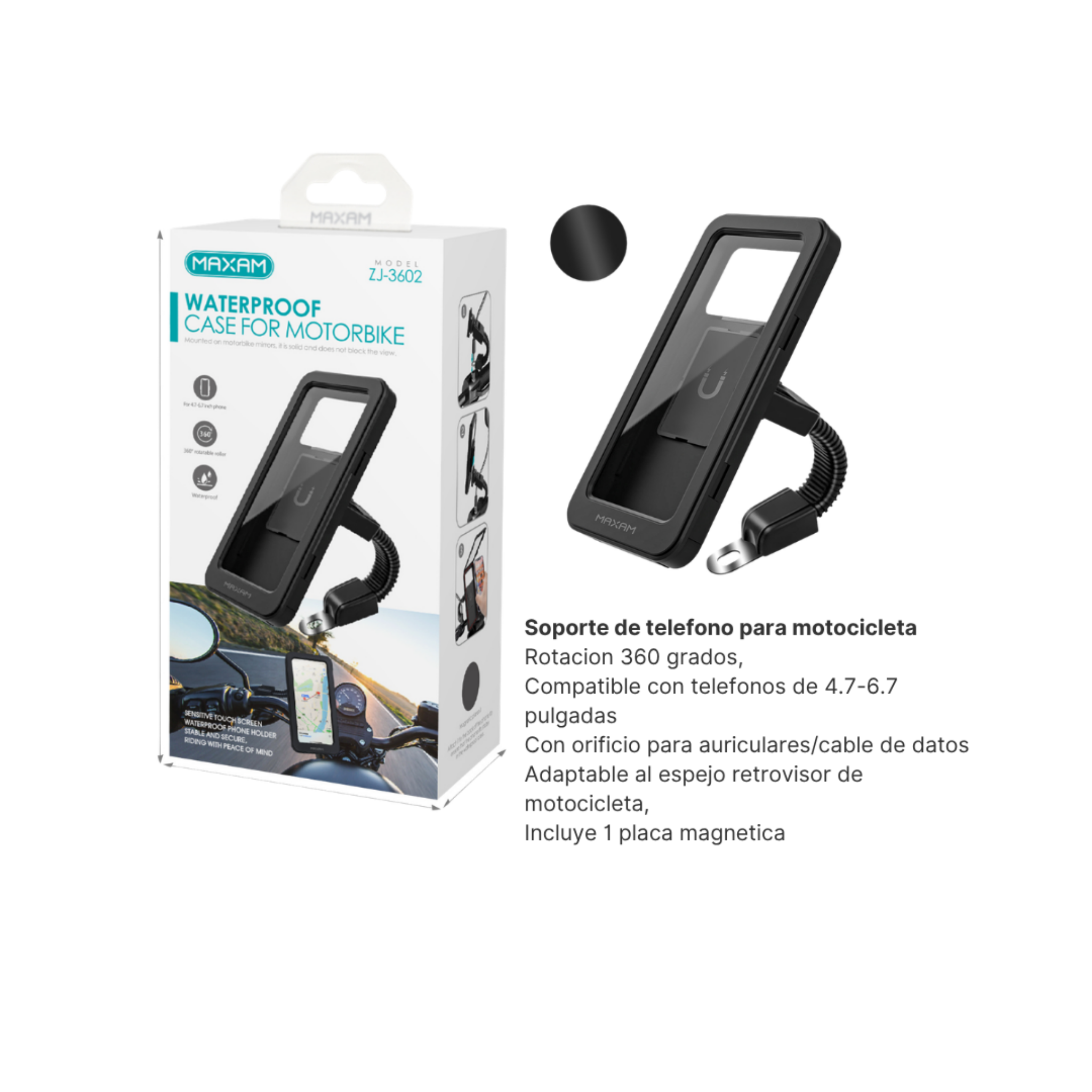 Soporte Impermeable para Móvil en Moto ZJ-3602 | Caja Protectora | Negro