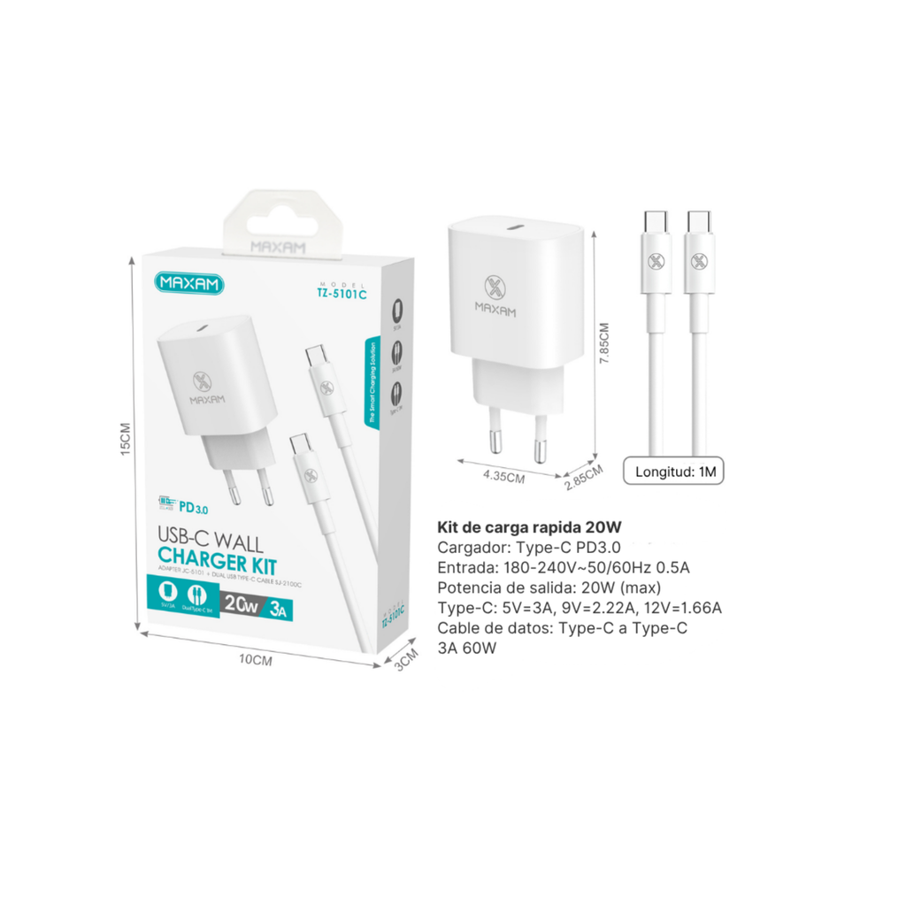TZ-5101C Kit Cargador Rápido PD 20W con Cable Type-C 60W 1m – Negro y Blanco