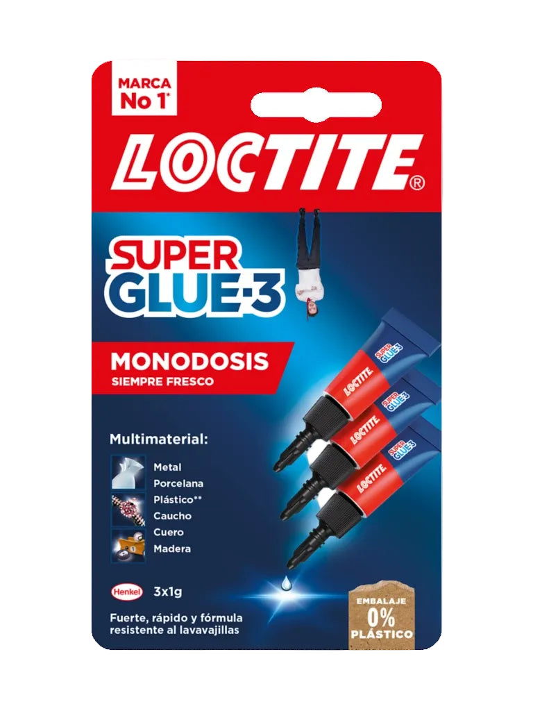 Loctite Super Glue-3 Monodosis Transparente 3x1g - Pegamento Instantáneo Universal, Fuerte y Rápido - Resistente al Agua, Lavavajillas, Golpes, Temperaturas Extremas - Fórmula Antigoteo
